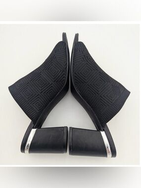 Adrienne Vittadini Black Open-Toe Knit Block Heel Mules with Silver Accent